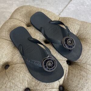 Havaianas Women 7/8 Black Flip Flop Decorated Strap Fancy Travel Resort Boho